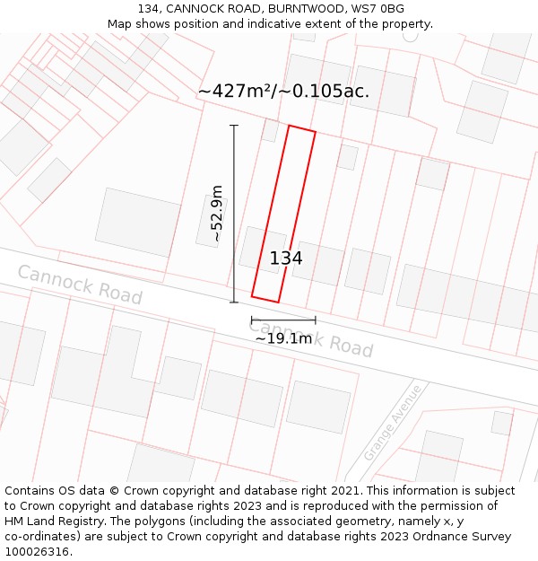 134, CANNOCK ROAD, BURNTWOOD, WS7 0BG: Plot and title map