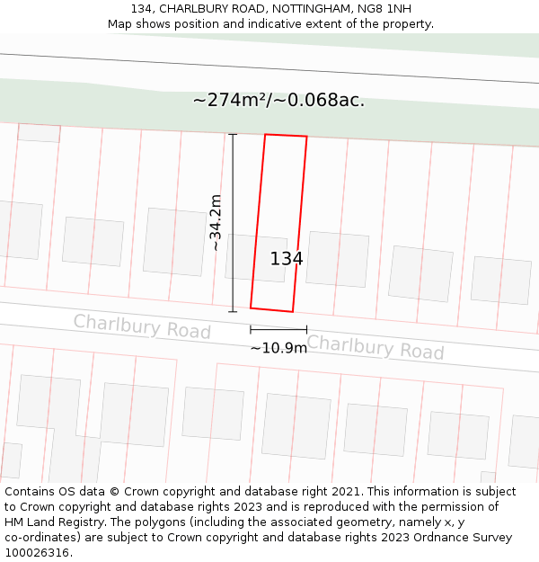 134, CHARLBURY ROAD, NOTTINGHAM, NG8 1NH: Plot and title map