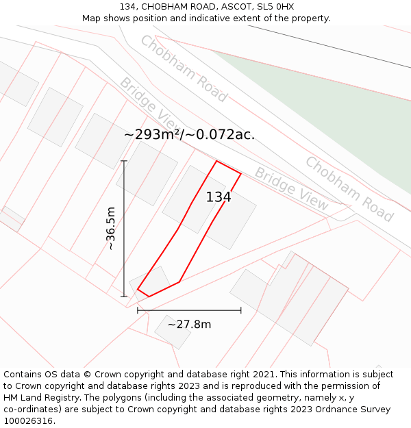 134, CHOBHAM ROAD, ASCOT, SL5 0HX: Plot and title map