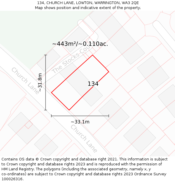 134, CHURCH LANE, LOWTON, WARRINGTON, WA3 2QE: Plot and title map