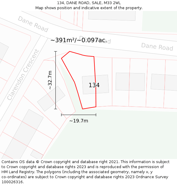 134, DANE ROAD, SALE, M33 2WL: Plot and title map