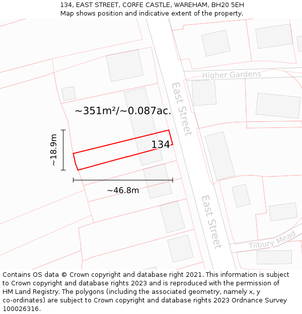 134, EAST STREET, CORFE CASTLE, WAREHAM, BH20 5EH: Plot and title map