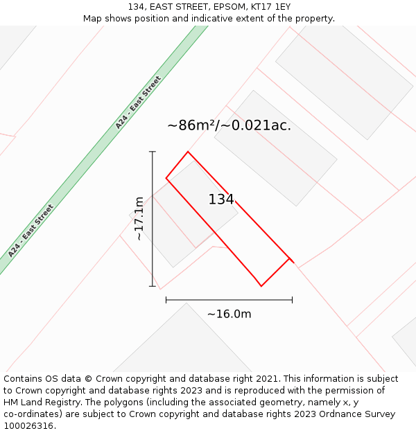 134, EAST STREET, EPSOM, KT17 1EY: Plot and title map