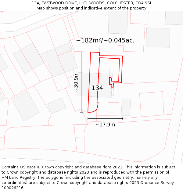 134, EASTWOOD DRIVE, HIGHWOODS, COLCHESTER, CO4 9SL: Plot and title map