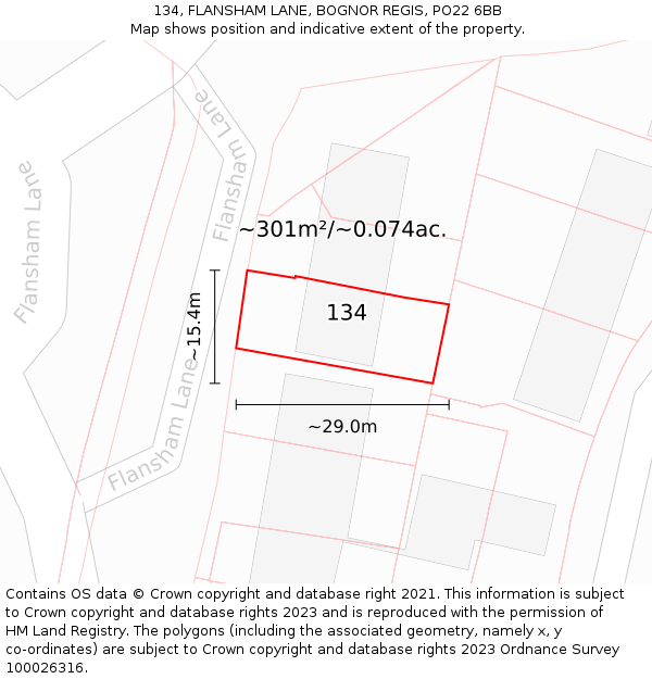 134, FLANSHAM LANE, BOGNOR REGIS, PO22 6BB: Plot and title map