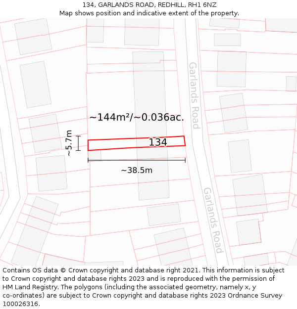 134, GARLANDS ROAD, REDHILL, RH1 6NZ: Plot and title map