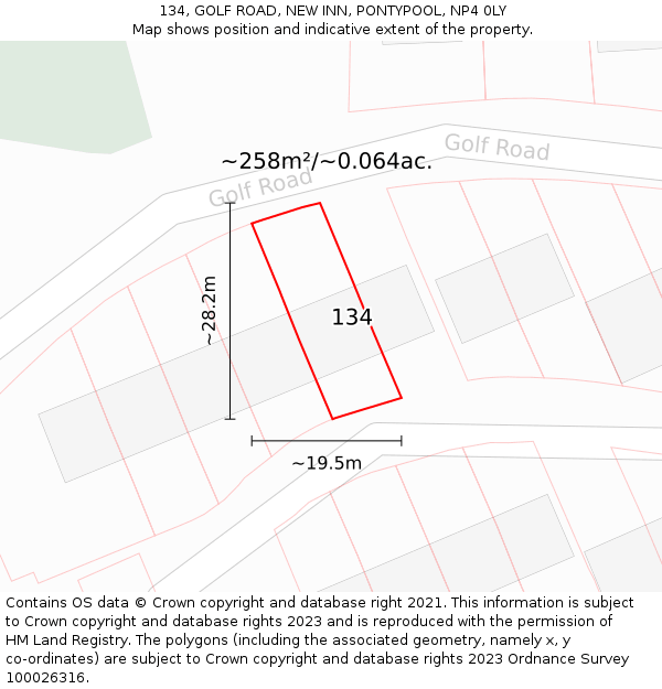 134, GOLF ROAD, NEW INN, PONTYPOOL, NP4 0LY: Plot and title map