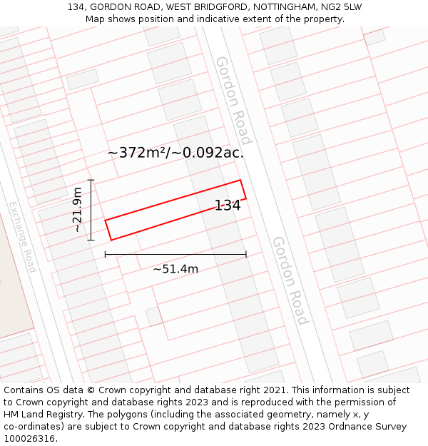 134, GORDON ROAD, WEST BRIDGFORD, NOTTINGHAM, NG2 5LW: Plot and title map