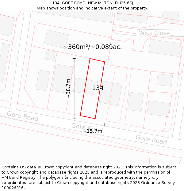 134, GORE ROAD, NEW MILTON, BH25 6SJ: Plot and title map