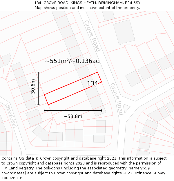 134, GROVE ROAD, KINGS HEATH, BIRMINGHAM, B14 6SY: Plot and title map