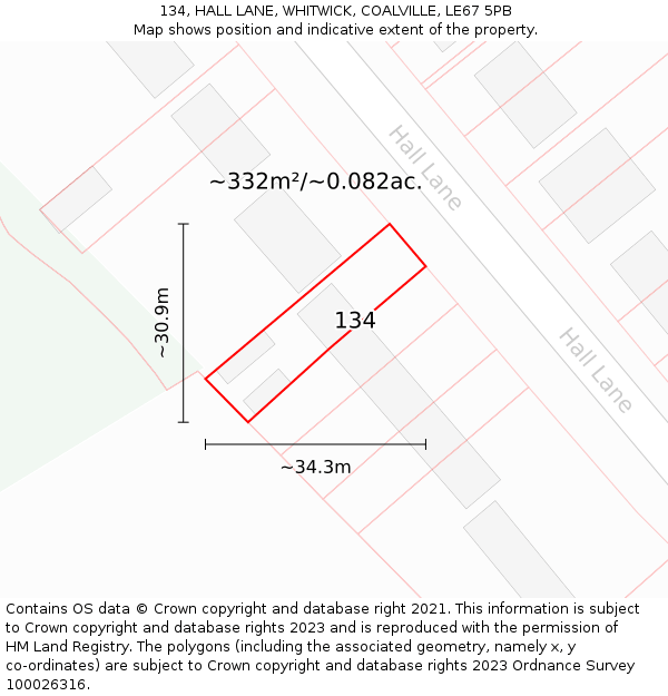 134, HALL LANE, WHITWICK, COALVILLE, LE67 5PB: Plot and title map