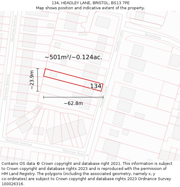 134, HEADLEY LANE, BRISTOL, BS13 7PE: Plot and title map