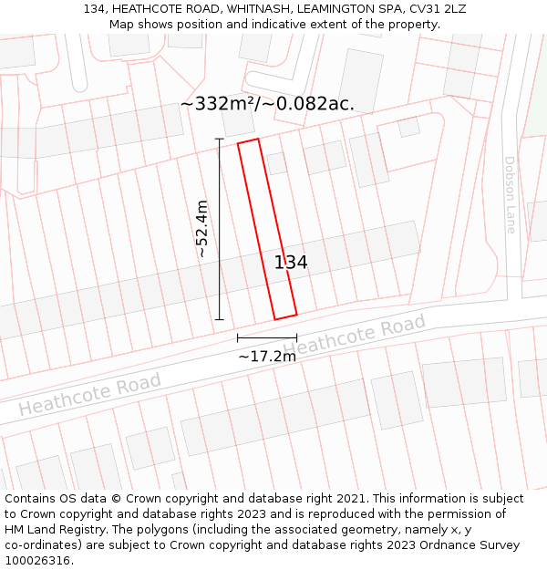 134, HEATHCOTE ROAD, WHITNASH, LEAMINGTON SPA, CV31 2LZ: Plot and title map