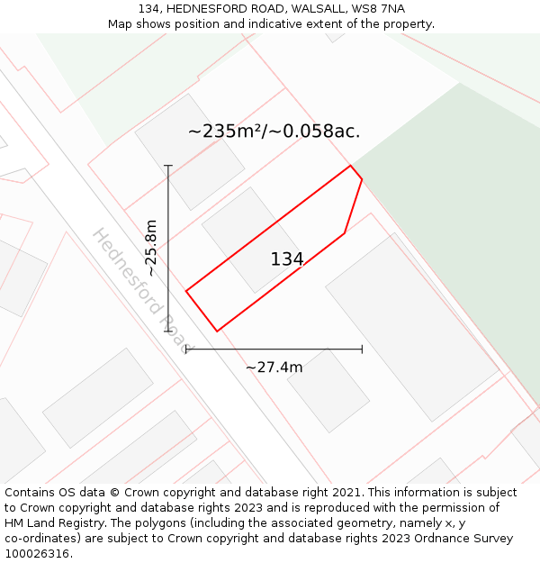 134, HEDNESFORD ROAD, WALSALL, WS8 7NA: Plot and title map