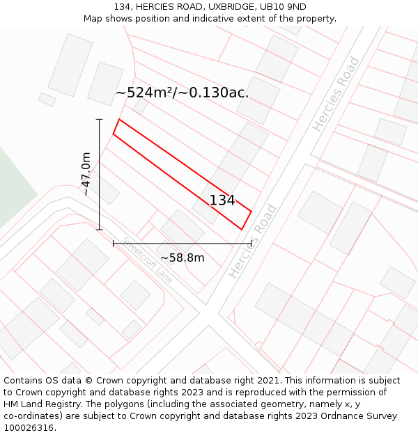 134, HERCIES ROAD, UXBRIDGE, UB10 9ND: Plot and title map