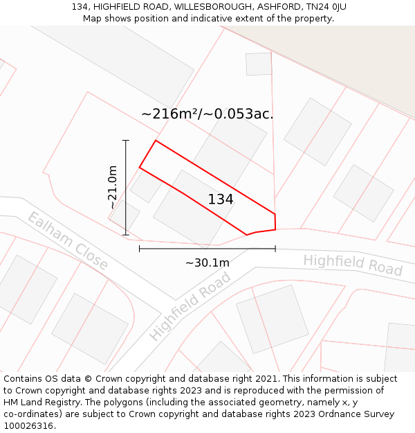 134, HIGHFIELD ROAD, WILLESBOROUGH, ASHFORD, TN24 0JU: Plot and title map