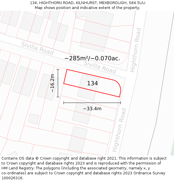 134, HIGHTHORN ROAD, KILNHURST, MEXBOROUGH, S64 5UU: Plot and title map