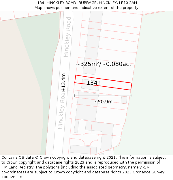 134, HINCKLEY ROAD, BURBAGE, HINCKLEY, LE10 2AH: Plot and title map