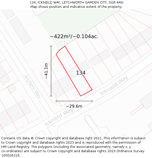 134, ICKNIELD WAY, LETCHWORTH GARDEN CITY, SG6 4AN: Plot and title map