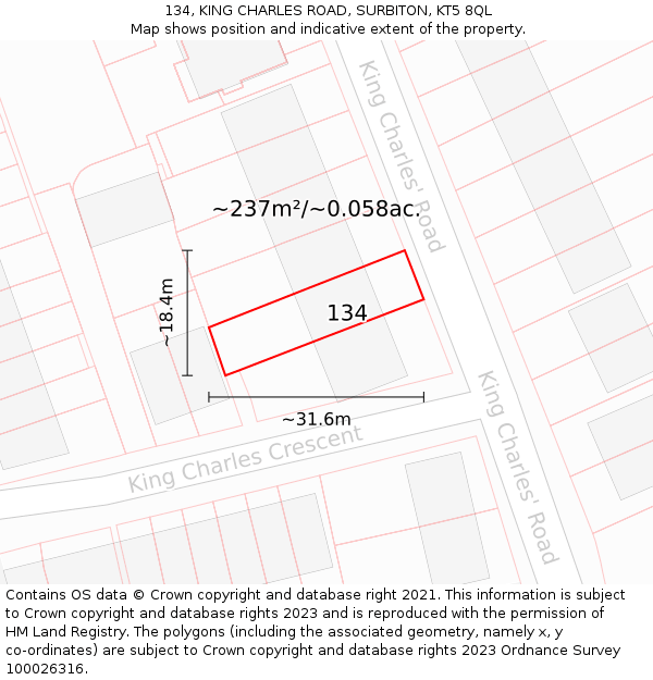 134, KING CHARLES ROAD, SURBITON, KT5 8QL: Plot and title map