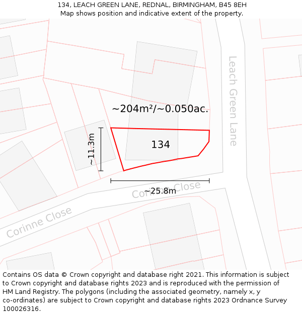 134, LEACH GREEN LANE, REDNAL, BIRMINGHAM, B45 8EH: Plot and title map