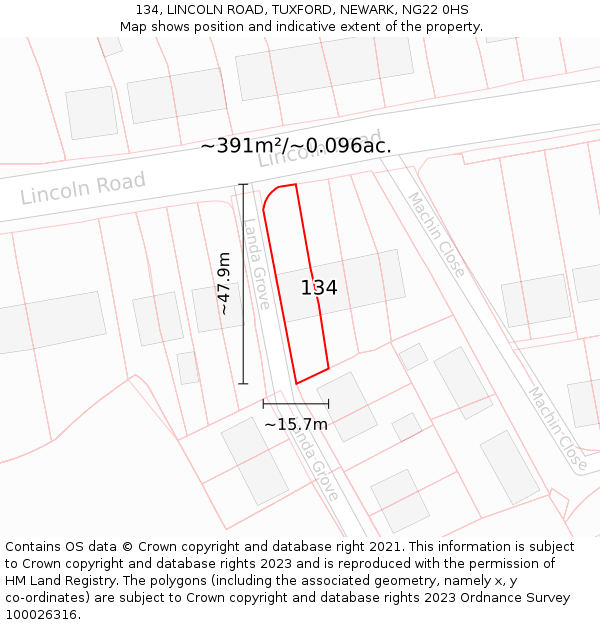 134, LINCOLN ROAD, TUXFORD, NEWARK, NG22 0HS: Plot and title map