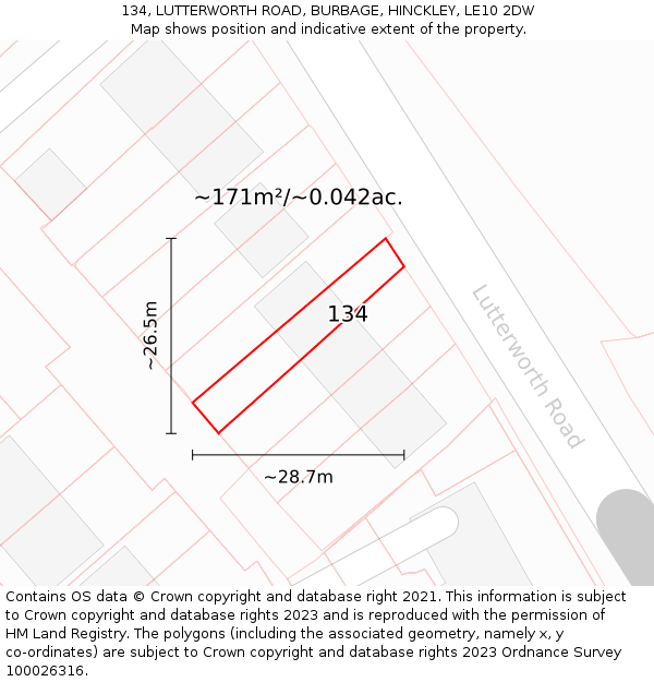 134, LUTTERWORTH ROAD, BURBAGE, HINCKLEY, LE10 2DW: Plot and title map