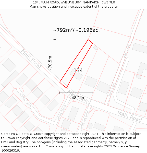 134, MAIN ROAD, WYBUNBURY, NANTWICH, CW5 7LR: Plot and title map