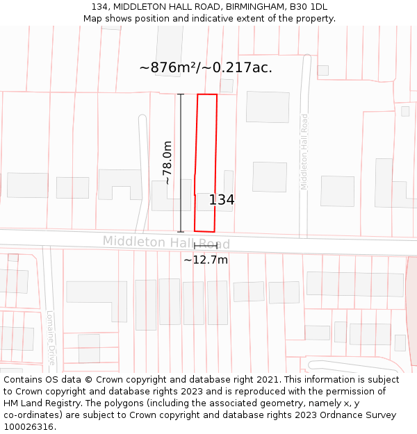 134, MIDDLETON HALL ROAD, BIRMINGHAM, B30 1DL: Plot and title map