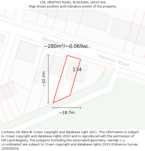 134, NEWTON ROAD, RUSHDEN, NN10 0HL: Plot and title map