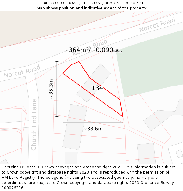 134, NORCOT ROAD, TILEHURST, READING, RG30 6BT: Plot and title map