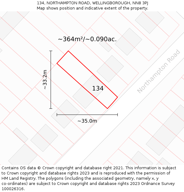 134, NORTHAMPTON ROAD, WELLINGBOROUGH, NN8 3PJ: Plot and title map