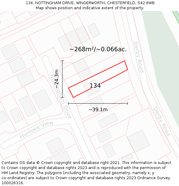 134, NOTTINGHAM DRIVE, WINGERWORTH, CHESTERFIELD, S42 6WB: Plot and title map