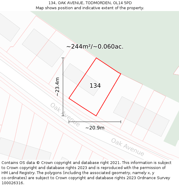 134, OAK AVENUE, TODMORDEN, OL14 5PD: Plot and title map