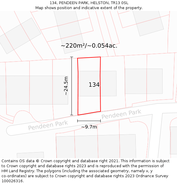 134, PENDEEN PARK, HELSTON, TR13 0SL: Plot and title map