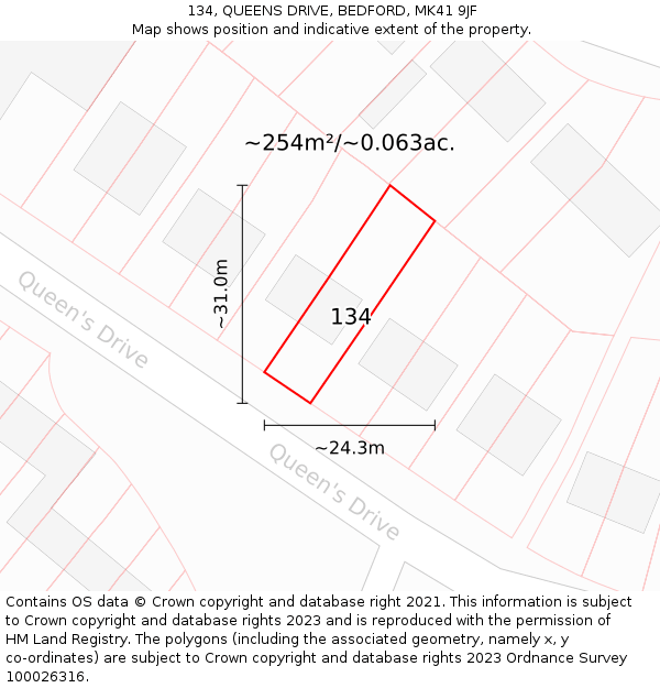 134, QUEENS DRIVE, BEDFORD, MK41 9JF: Plot and title map