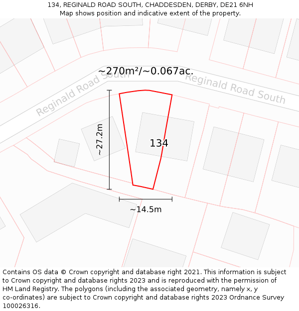 134, REGINALD ROAD SOUTH, CHADDESDEN, DERBY, DE21 6NH: Plot and title map