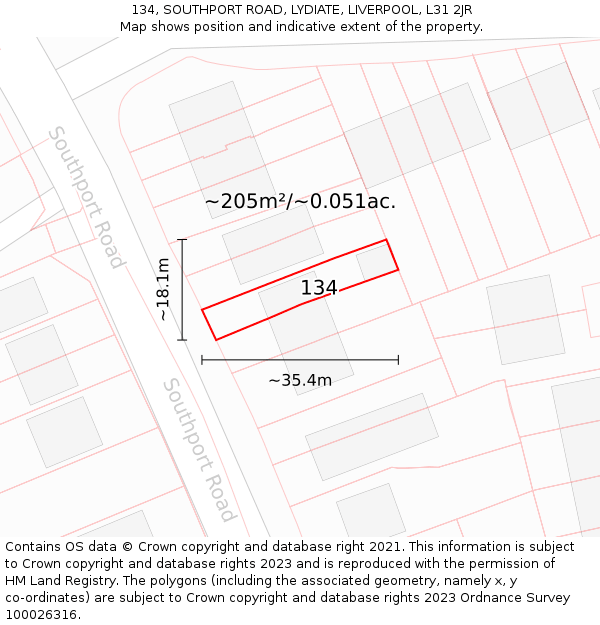 134, SOUTHPORT ROAD, LYDIATE, LIVERPOOL, L31 2JR: Plot and title map