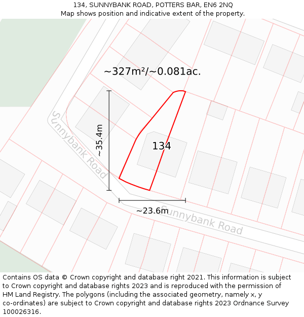 134, SUNNYBANK ROAD, POTTERS BAR, EN6 2NQ: Plot and title map