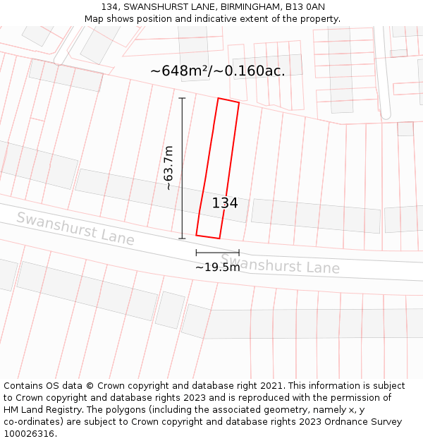 134, SWANSHURST LANE, BIRMINGHAM, B13 0AN: Plot and title map