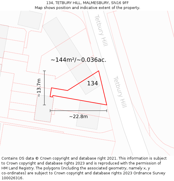 134, TETBURY HILL, MALMESBURY, SN16 9FF: Plot and title map