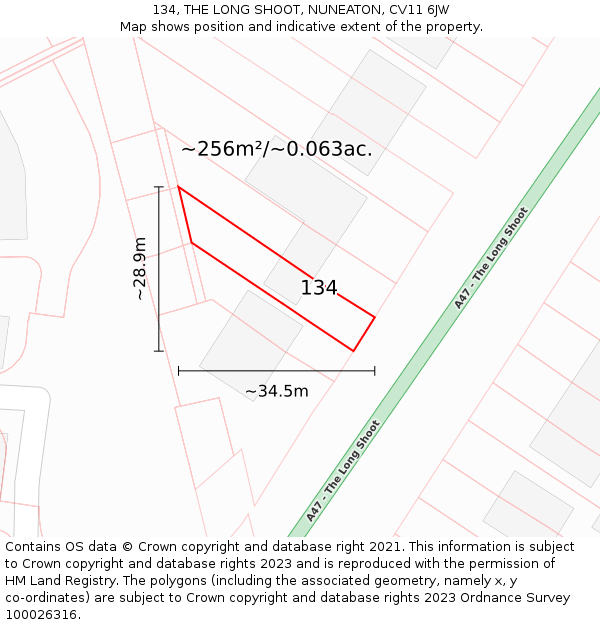 134, THE LONG SHOOT, NUNEATON, CV11 6JW: Plot and title map