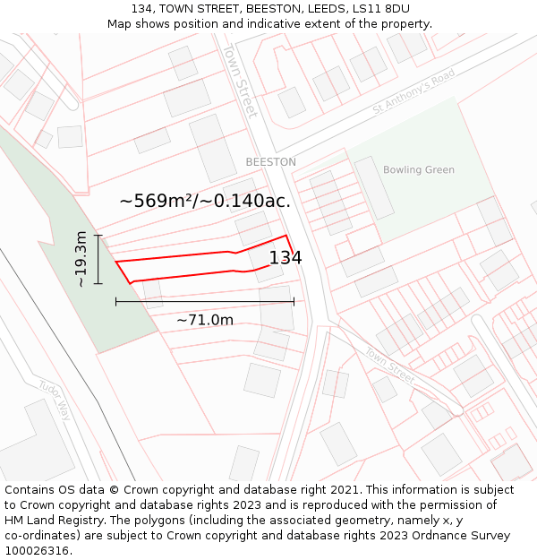 134, TOWN STREET, BEESTON, LEEDS, LS11 8DU: Plot and title map