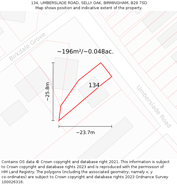 134, UMBERSLADE ROAD, SELLY OAK, BIRMINGHAM, B29 7SD: Plot and title map