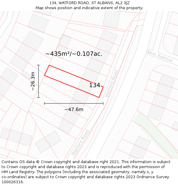 134, WATFORD ROAD, ST ALBANS, AL2 3JZ: Plot and title map