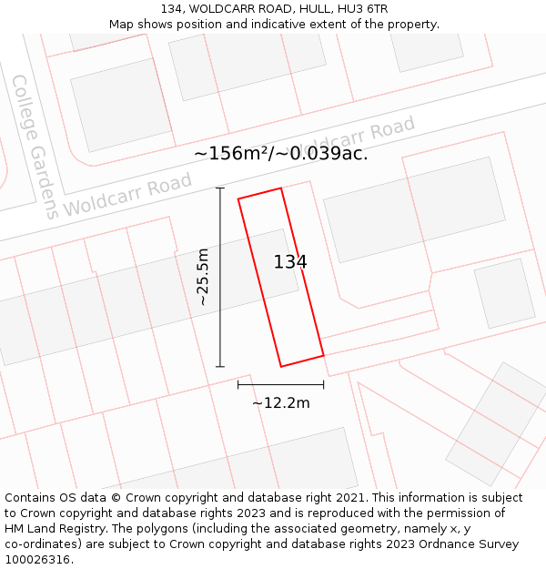 134, WOLDCARR ROAD, HULL, HU3 6TR: Plot and title map