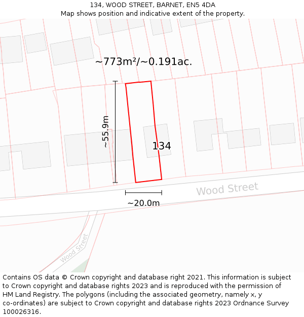 134, WOOD STREET, BARNET, EN5 4DA: Plot and title map