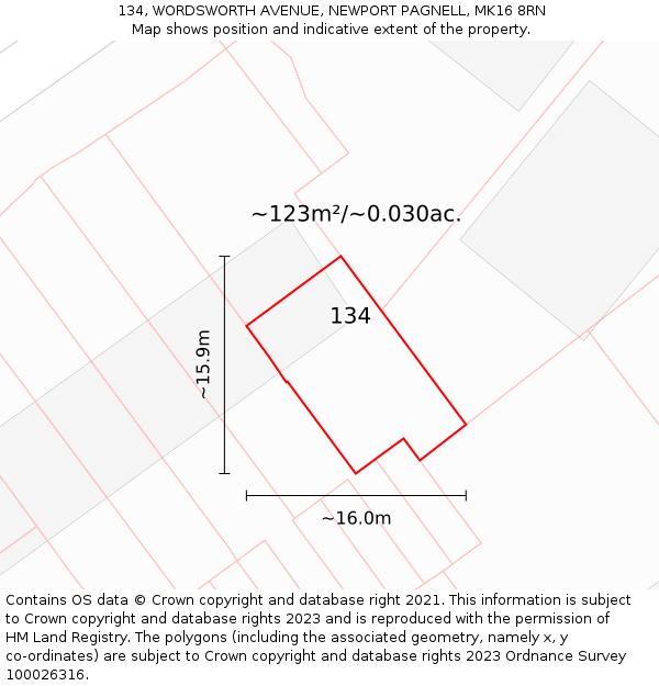 134, WORDSWORTH AVENUE, NEWPORT PAGNELL, MK16 8RN: Plot and title map