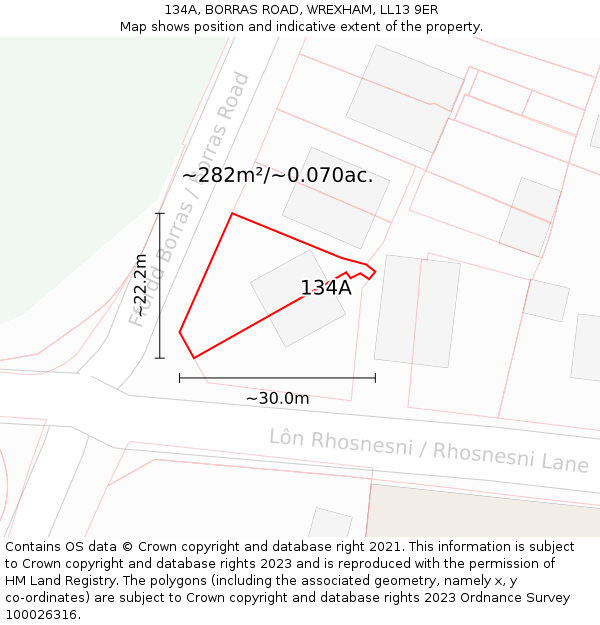 134A, BORRAS ROAD, WREXHAM, LL13 9ER: Plot and title map