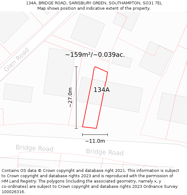 134A, BRIDGE ROAD, SARISBURY GREEN, SOUTHAMPTON, SO31 7EL: Plot and title map